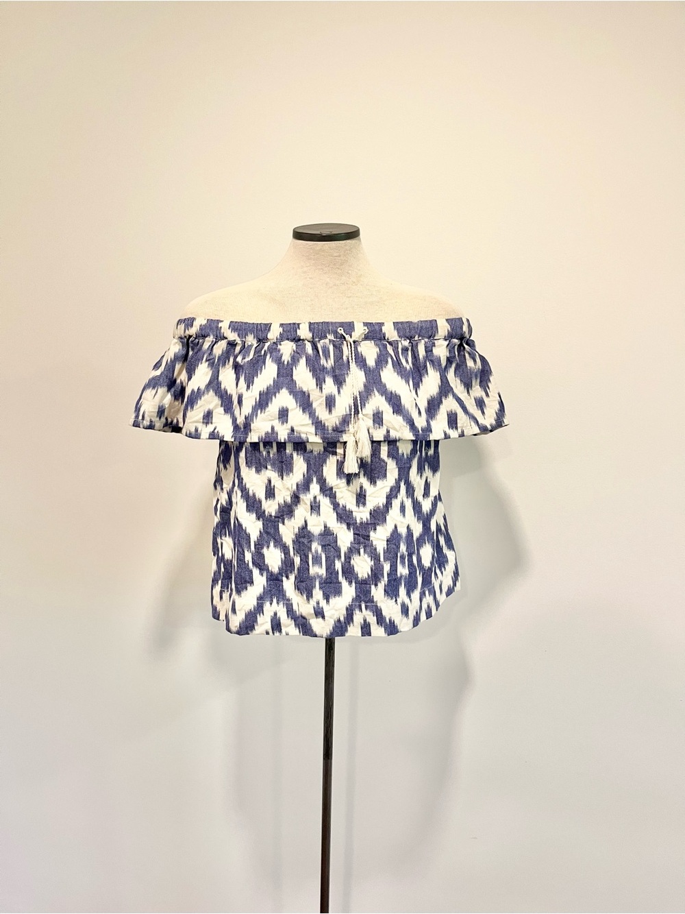 Madewell Blue & White Off-Shoulder Ikat Balcony Blouse Coastal Beach Summer Top - Picture 5 of 12